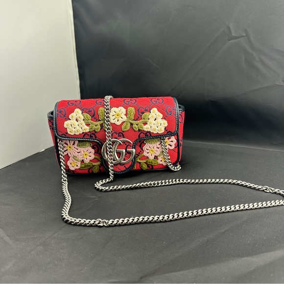 Gucci Monogram Multicolor Super Mini GG Marmont in Red wFloral Embroidery NEW! - Picture 10 of 14